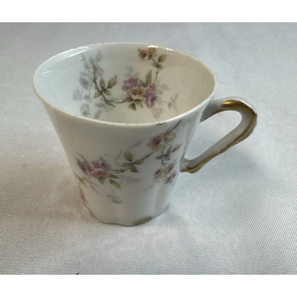 Antique Theodore Haviland Limoges France Fluted Porcelain Cup Pink Rose Garland